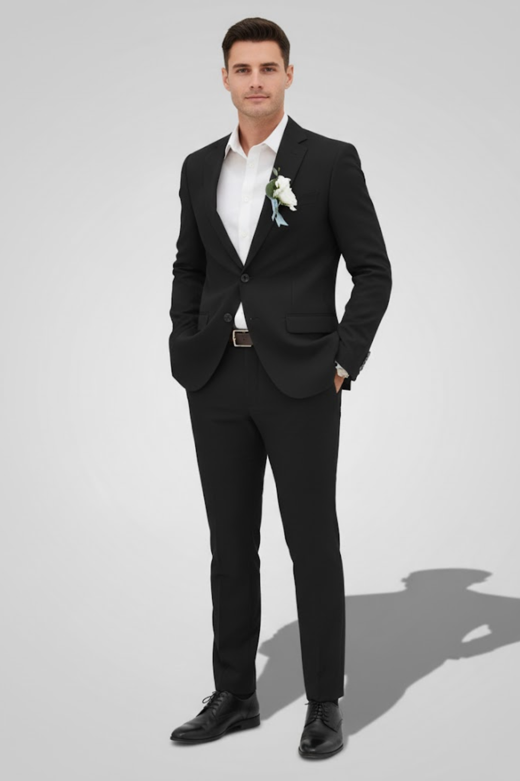 Close-up of a stylish men's slim fit suit jacket, showing tailored lapels & crisp finish for a sharp wedding look.