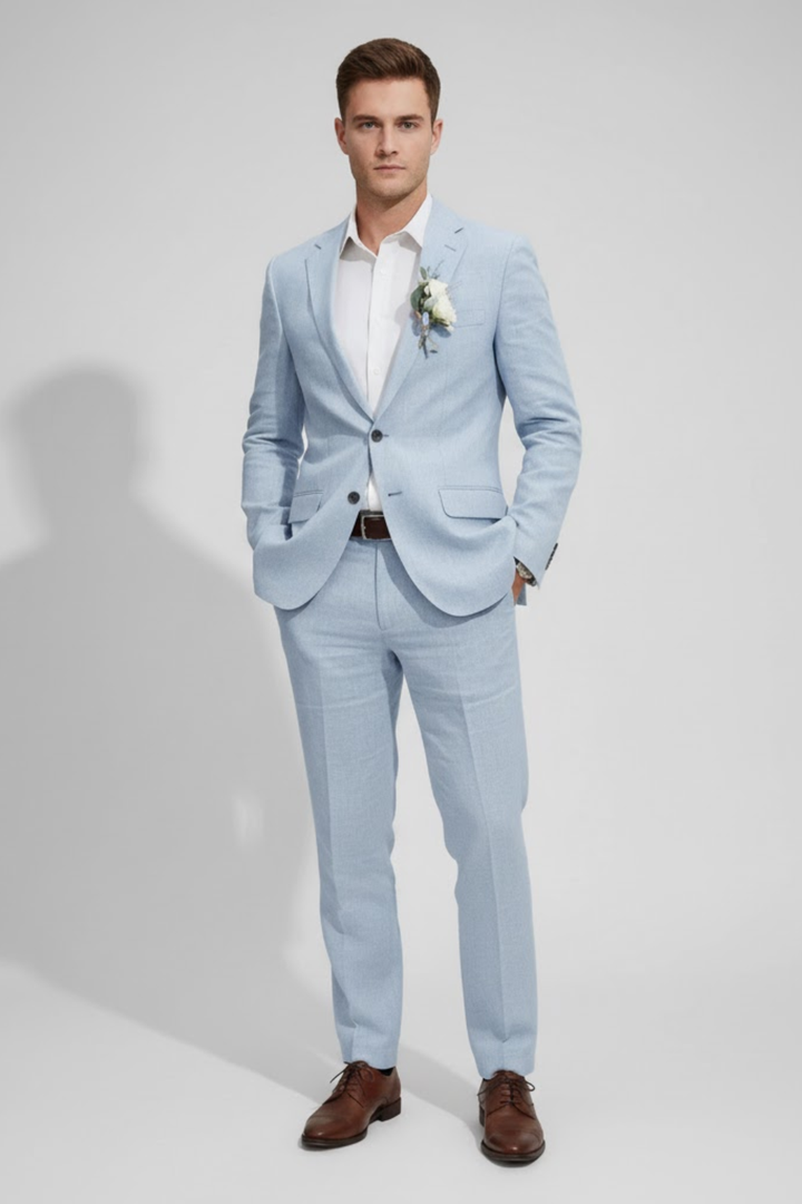 Fashionable men's slim fit trousers of a two-piece suit, designed for a sleek silhouette at any special occasion.