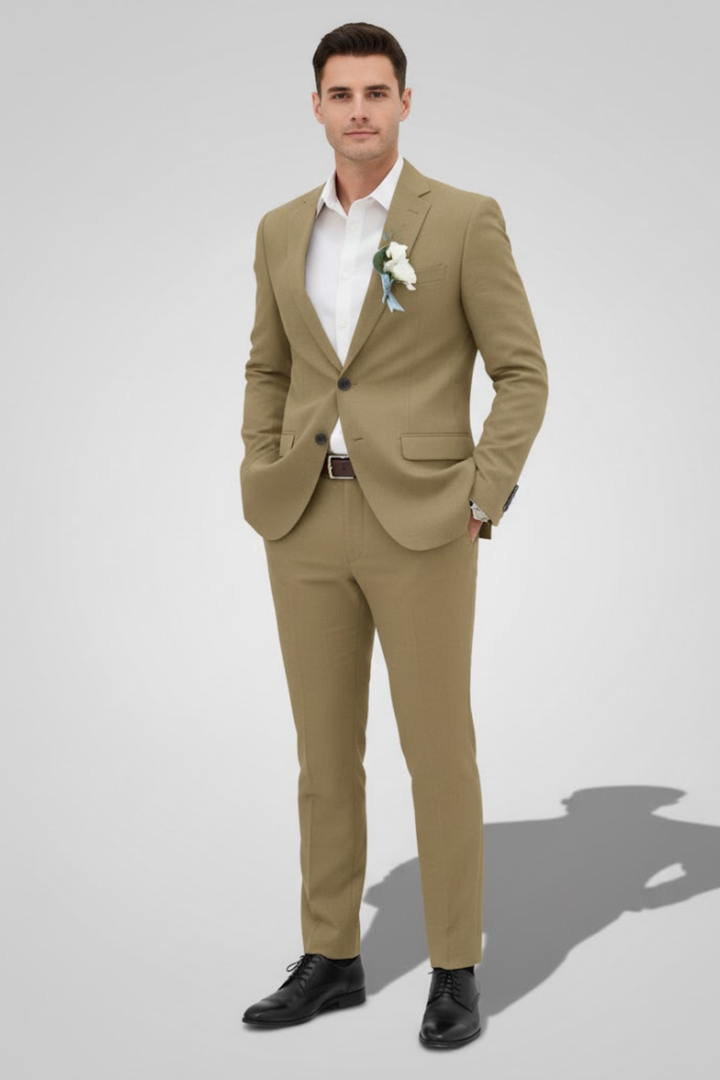 High-quality fabric detail of a men's summer wedding suit, offering breathability & elegant drape for formal wear.