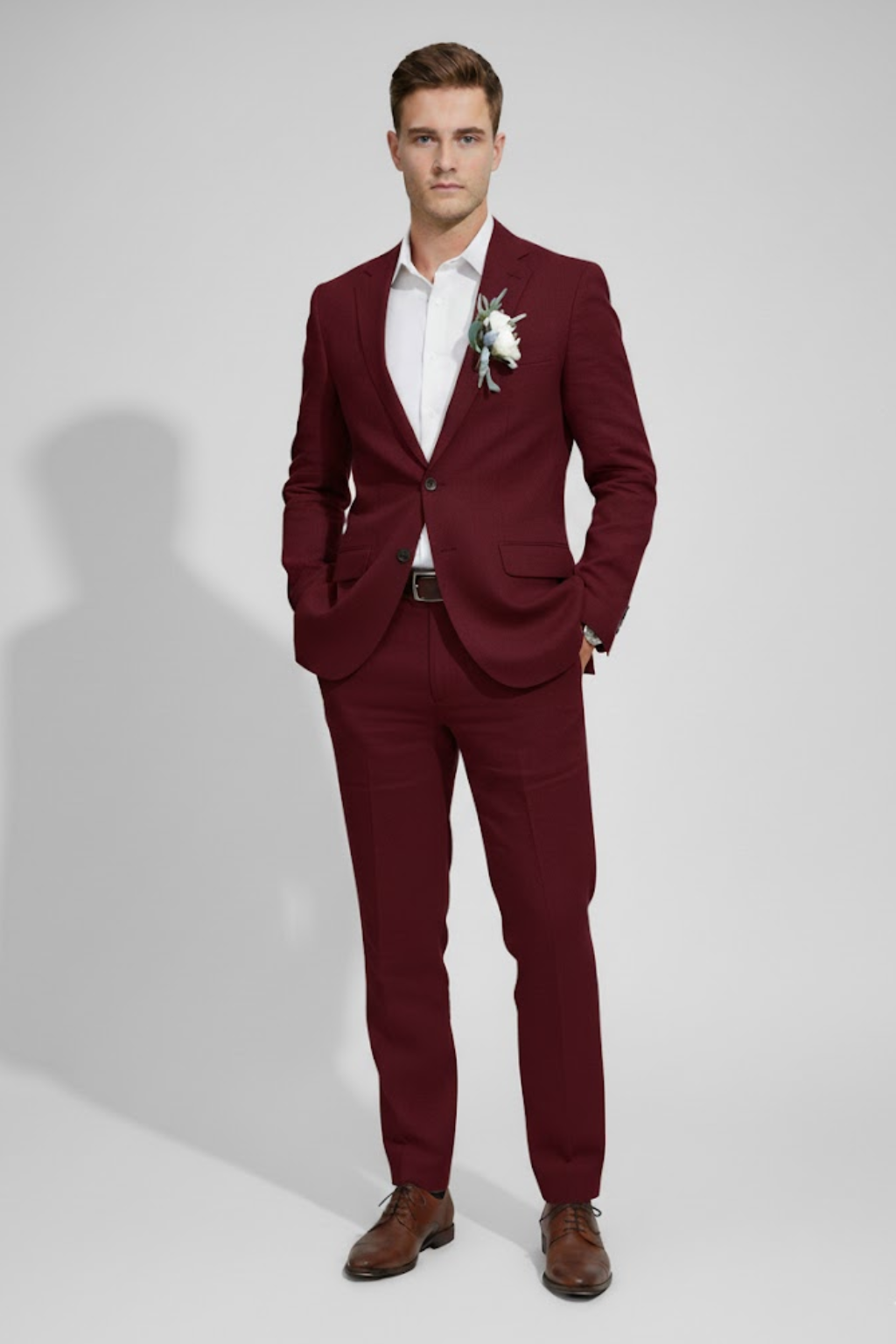 Back view of a finely tailored men's slim fit suit, showcasing perfect cut and elegant drape for formal occasions.