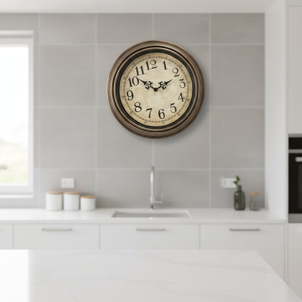 Modern elegant wall clock for living room & office decor. Features silent quartz movement, metal frame & glass cover.