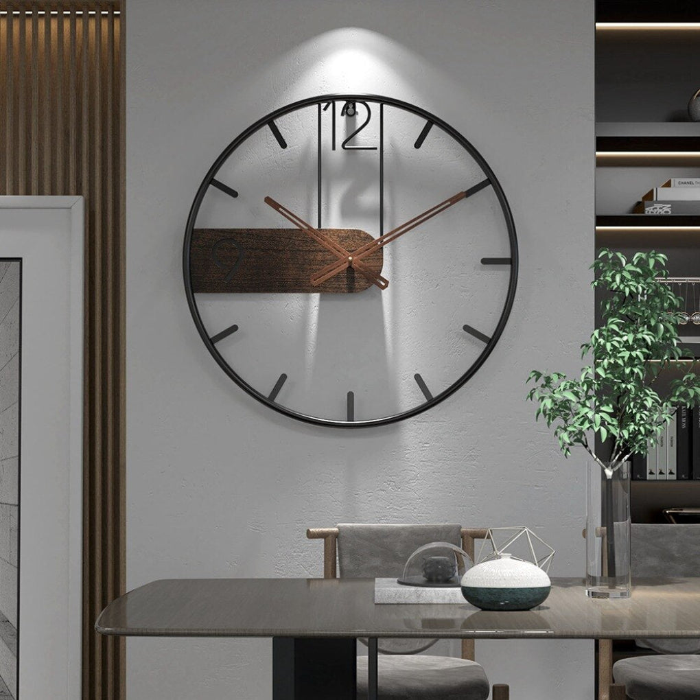 Elegant modern wall clock with unique wood & steel design. Silent contemporary timepiece for living room or office decor.