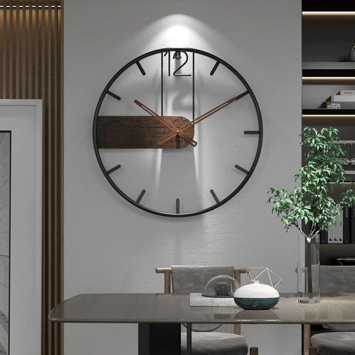 Elegant modern wall clock with unique wood & steel design. Silent contemporary timepiece for living room or office decor.