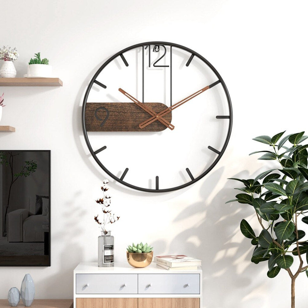Unique contemporary wall clock with a distinctive wooden accent & steel frame. Silent and elegant for modern home decor.