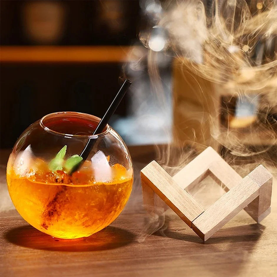 Modern Moon Ball drinking glasses, spherical design with natural wood base. Perfect for elegant home bar setups & unique gifts.