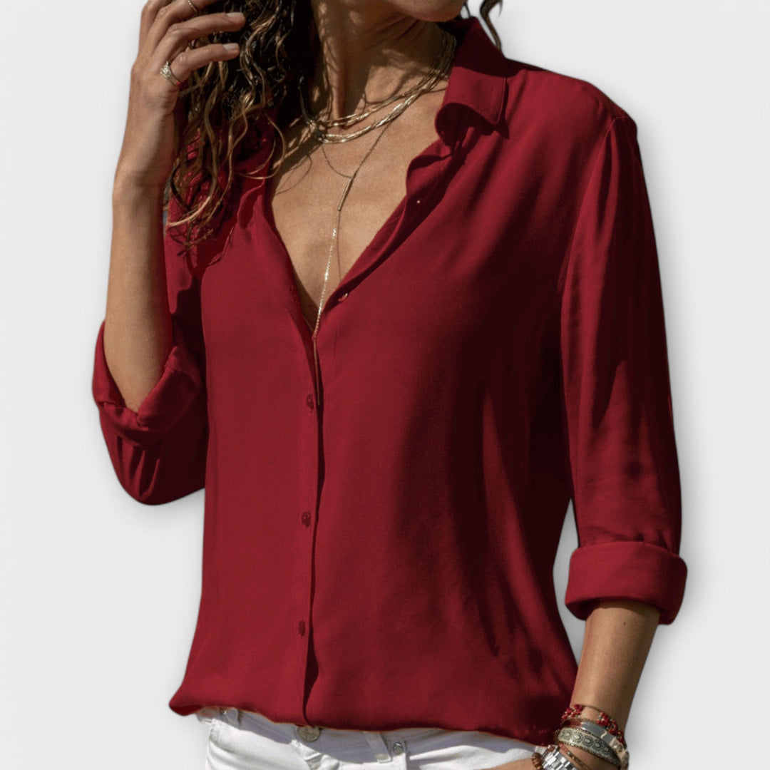 Classic multi-color women's long sleeve blouse. Elegant & comfortable for office or evening apparel.