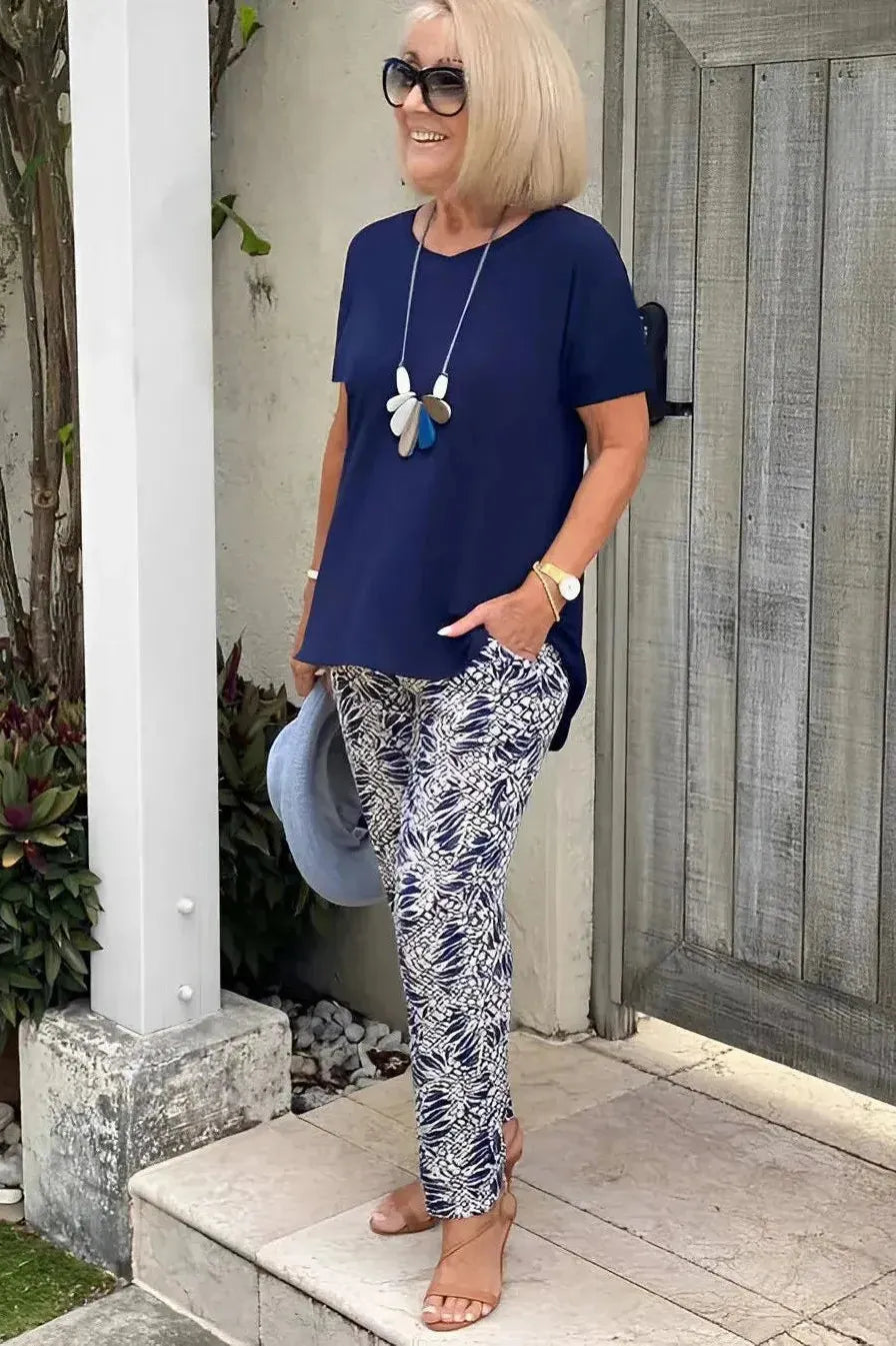 Comfortable women's navy blue patterned blouse, perfect for versatile everyday and office fashion.
