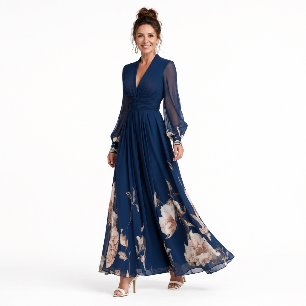 Stylish women's V-neck maxi dress with delicate pleats & sheer long sleeves. Elegant & comfortable fashion.