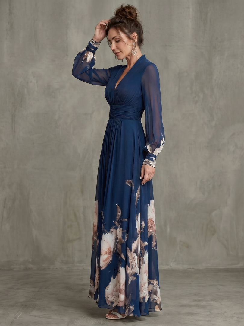 Navy pleated maxi dress for women, elegant V-neckline & sophisticated sheer sleeves. Perfect for events.