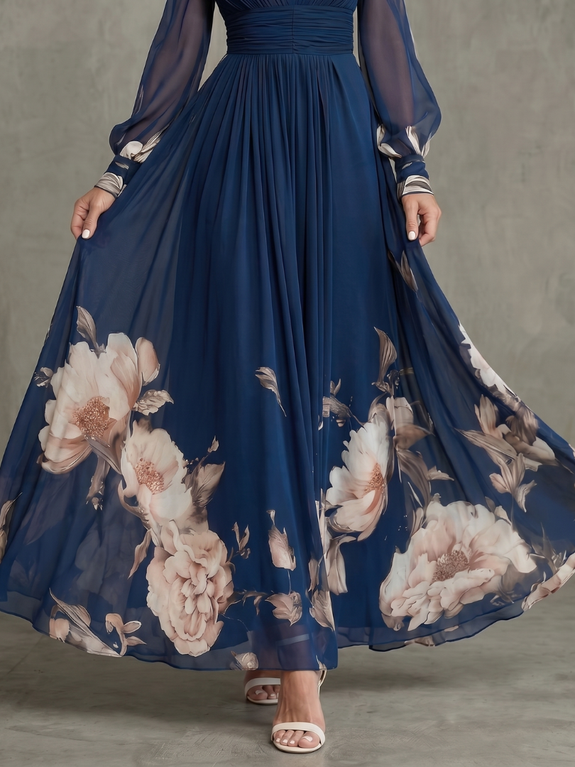 Comfortable women's elegant V-neck pleated maxi dress with chic sheer long sleeves for occasion wear.