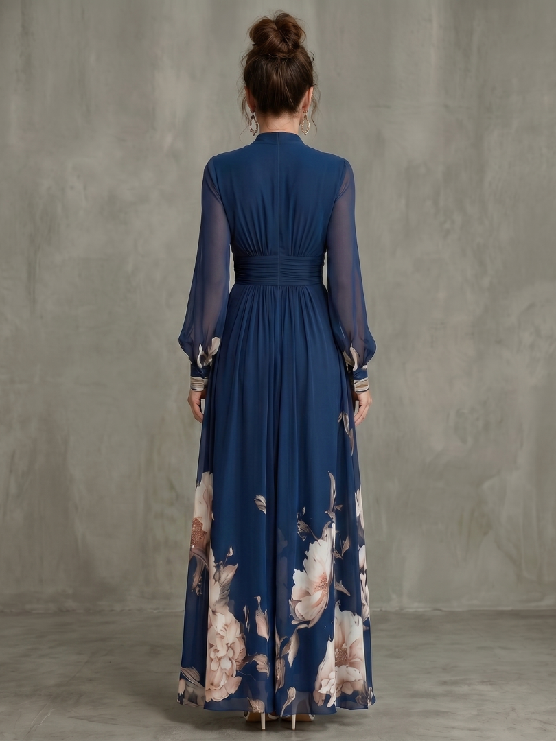 Flowy women's navy maxi dress, V-neck, pleated skirt, and elegant sheer long sleeves. Fashionable choice.