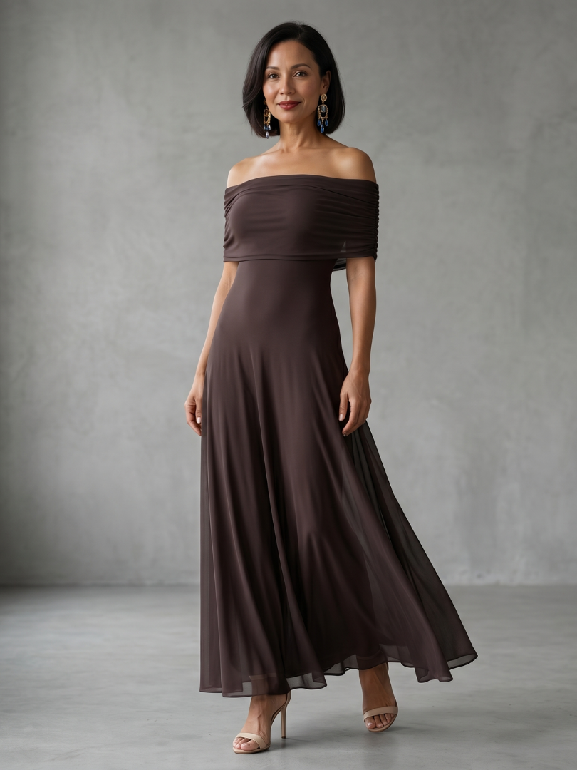Elegant off-shoulder midi dress for women, draped design, perfect for cocktail parties in brown.