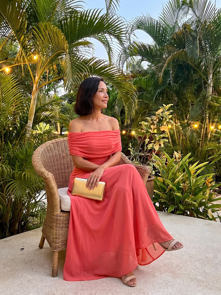 Brown off-shoulder midi dress, chic draped design, a stunning choice for formal parties.