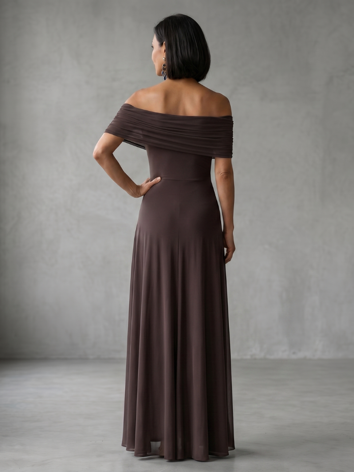 Chic brown off-shoulder midi dress, draped and elegant, perfect for women's formal occasions.