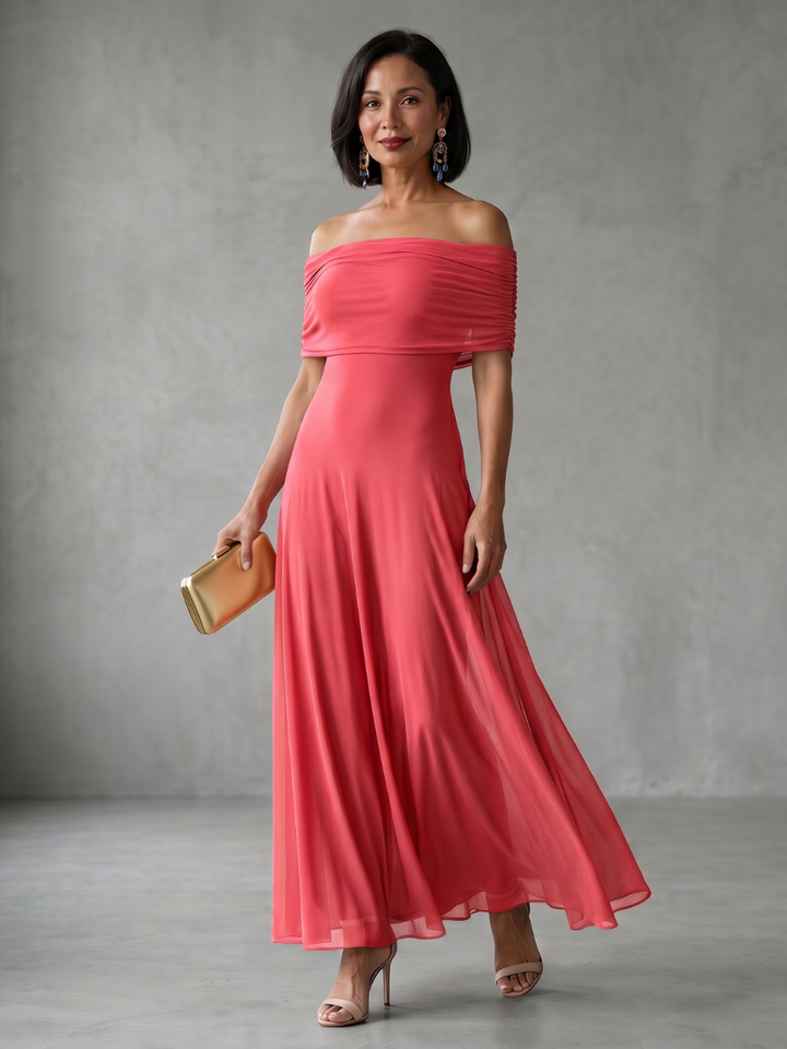 Coral pink women's midi dress, off-shoulder with elegant drapes, stunning party attire.