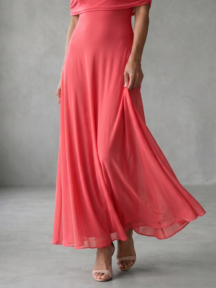 Green draped off-shoulder midi dress for women, perfect for wedding guests or formal wear.