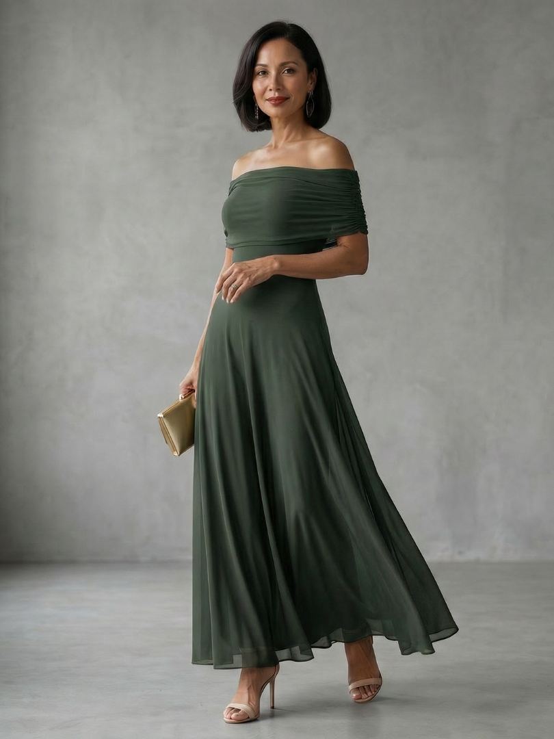 Sophisticated brown off-shoulder midi dress with elegant drapes, ideal for evening parties.