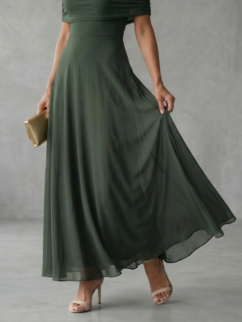 Women's elegant coral pink midi dress, off-shoulder draped style for formal events & cocktails.