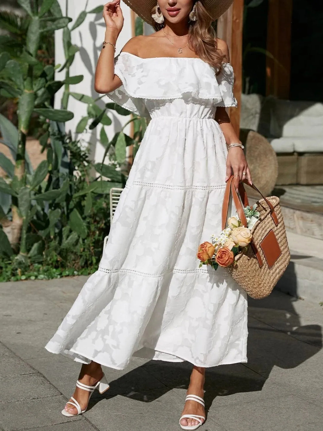 Elegant off-shoulder ruffle tiered maxi dress for women, ideal for wedding guests & formal events.
