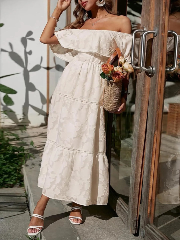 Gorgeous off-shoulder ruffle tiered maxi dress, an ideal choice for a wedding guest.