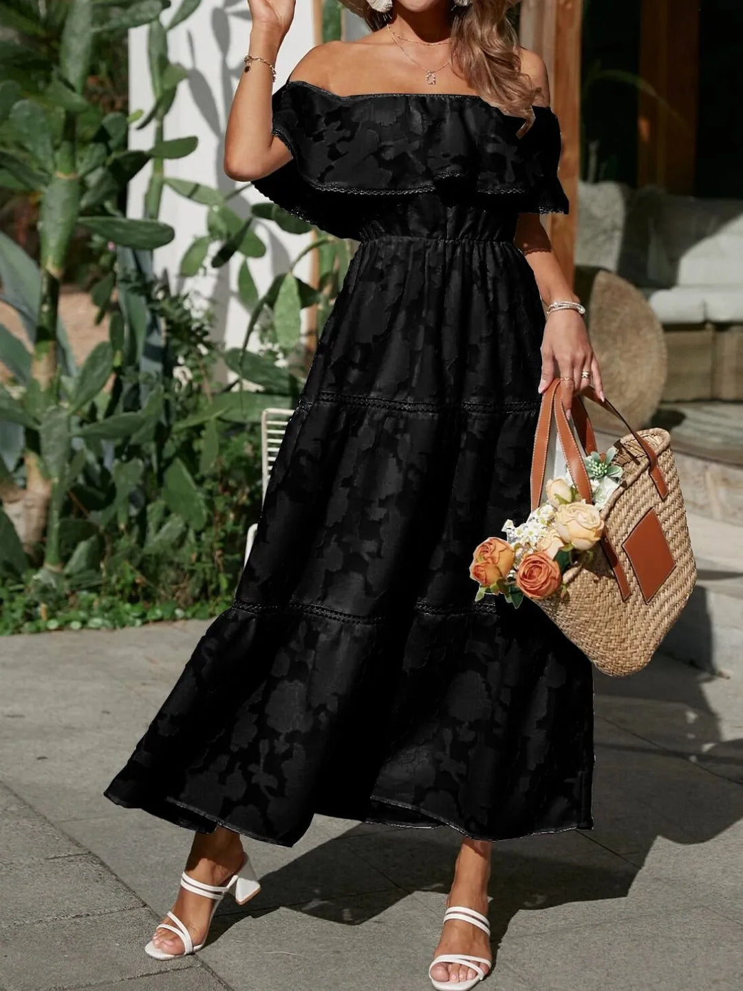 Sophisticated off-shoulder tiered ruffle maxi dress, perfect for weddings, parties, or formal events.