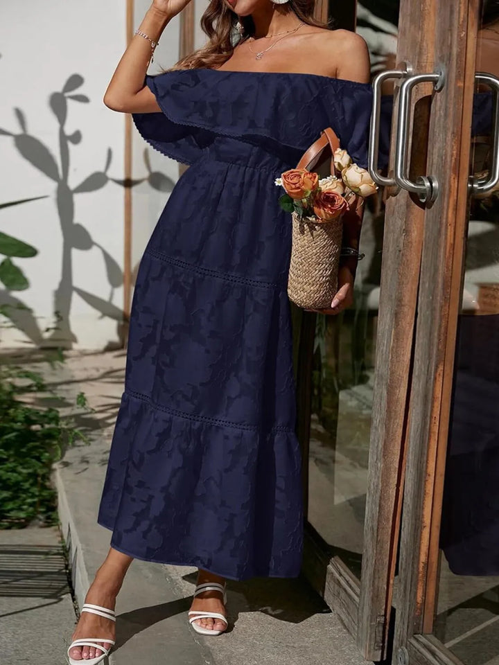 Beautiful off-shoulder tiered maxi dress with ruffles, a perfect choice for summer wedding guests.
