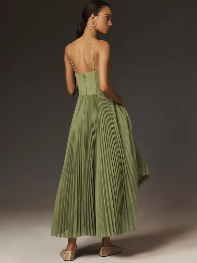 Lightweight olive green pleated maxi dress with corset bodice, perfect for summer weddings, parties, & formal events.