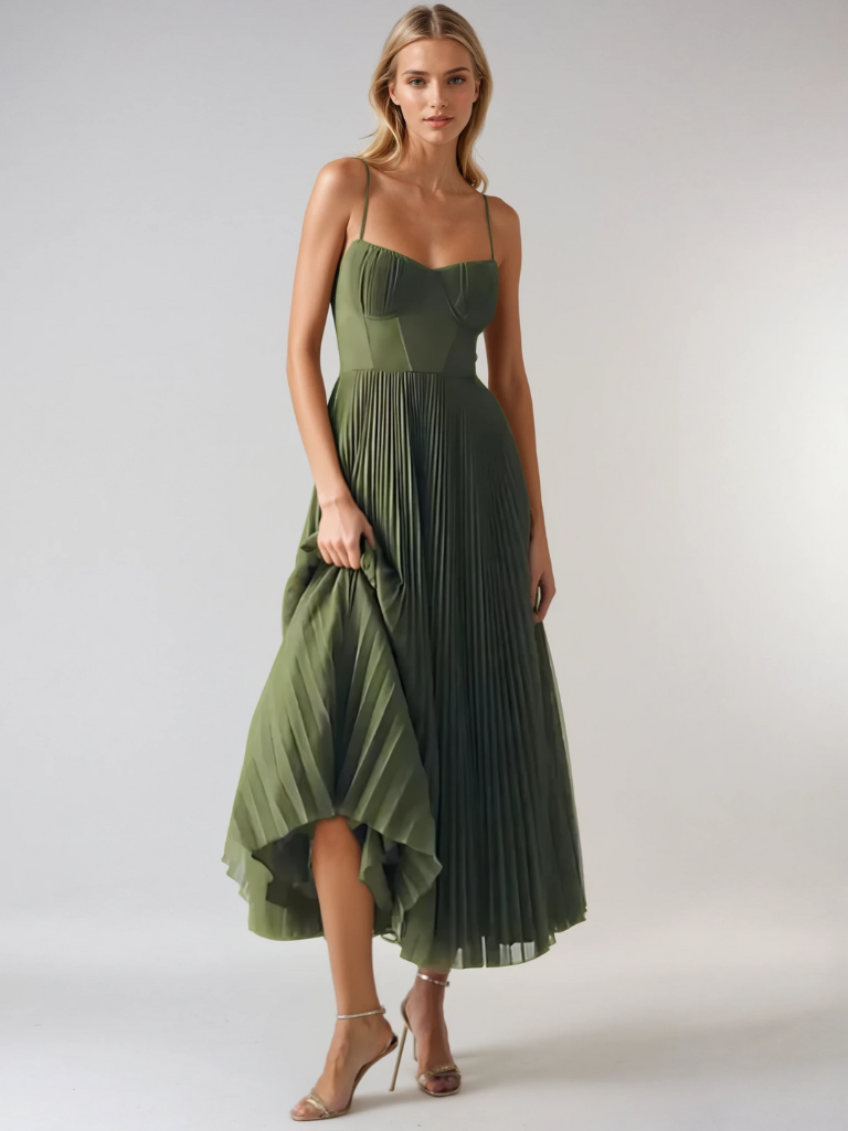 Back view of a sophisticated olive green corset pleated maxi dress. Perfect formal wedding guest or special occasion gown.