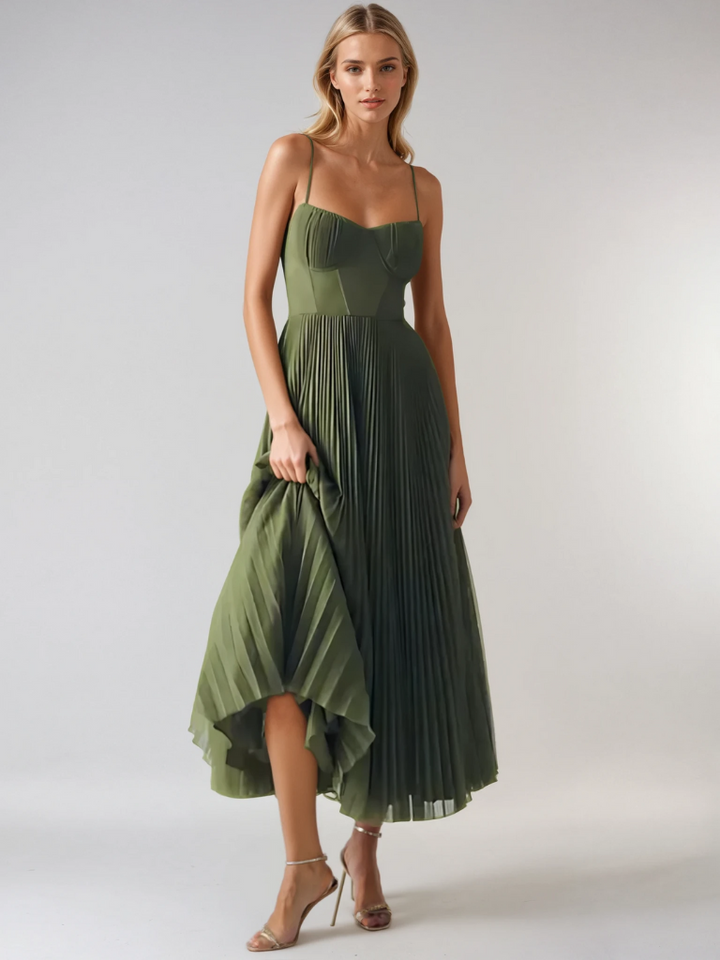 Back view of a sophisticated olive green corset pleated maxi dress. Perfect formal wedding guest or special occasion gown.