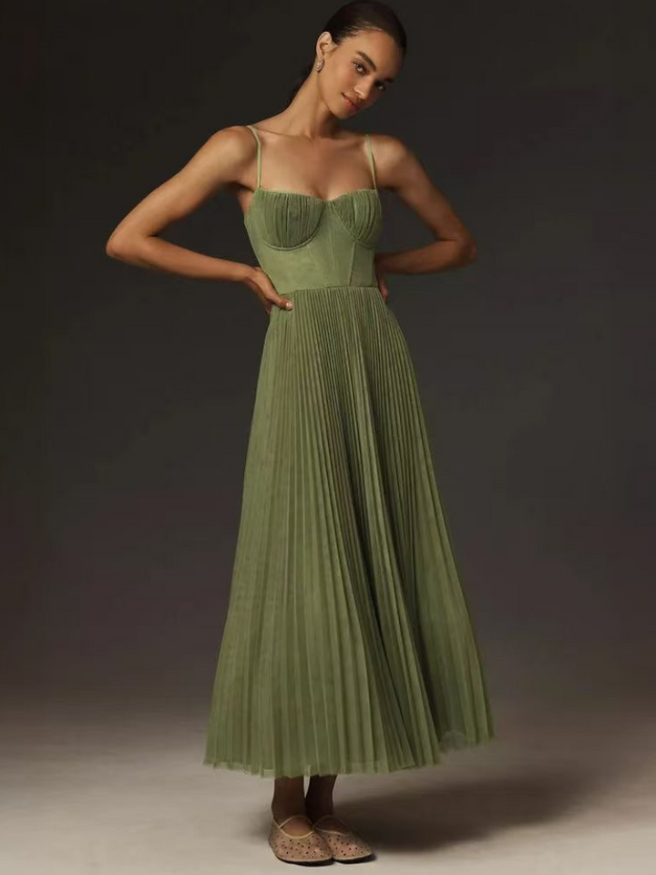 Chic olive green corset pleated maxi dress, specifically designed for women attending a wedding as an elegant guest.