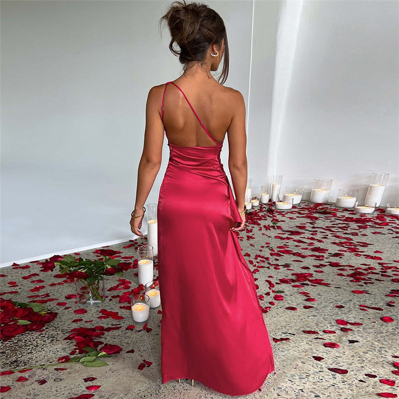 Apricot elegant one-shoulder maxi dress, a chic flowing gown for women's formal & party wear.