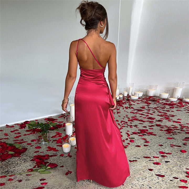 Apricot elegant one-shoulder maxi dress, a chic flowing gown for women's formal & party wear.