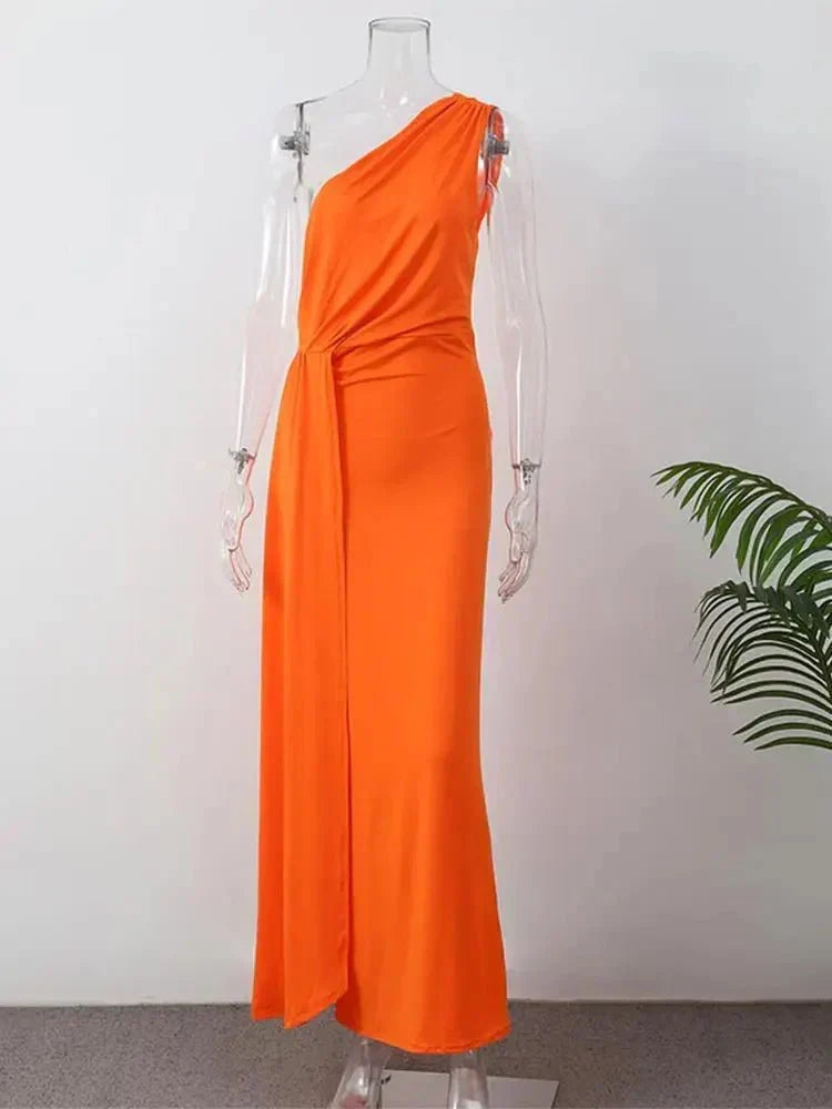 Sophisticated one-shoulder maxi formal dress for women, suitable as a wedding guest outfit or evening gown.