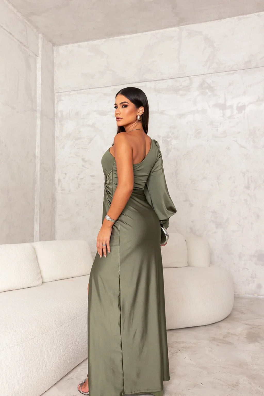 Navy formal one-shoulder maxi dress for women, featuring elegant ruching.