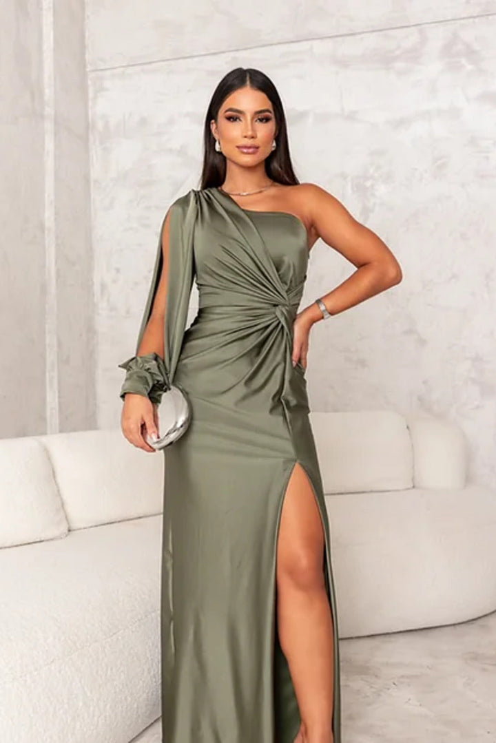 Women's stunning ruched one-shoulder evening gown, a long and elegant formal dress.