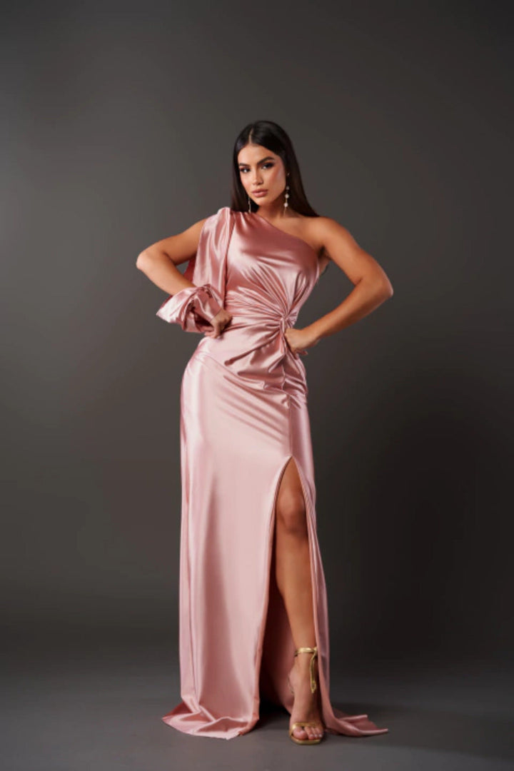 Chic one-shoulder ruched formal dress for women, ideal for special occasions.