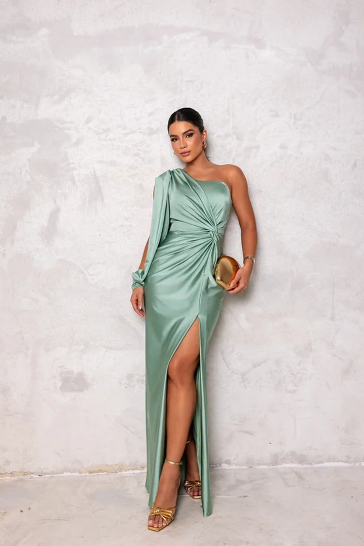 Formal women's maxi dress featuring an elegant one-shoulder design and stylish ruching.