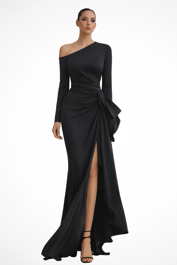 Elegant one-shoulder ruched maxi dress with high slit, perfect for evening events & wedding guests.