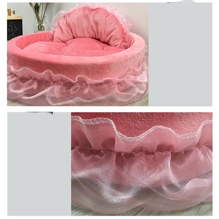Cozy cat bed designed with elegant tulle trim and a bow accent, perfect pet furniture for resting.
