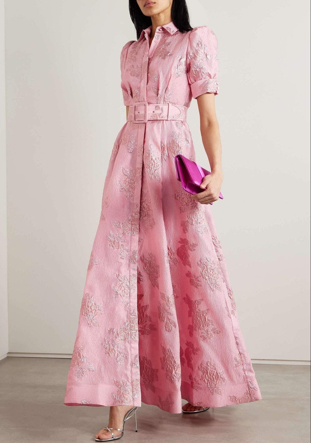 Elegant pink maxi dress for women, A-line cut with puff sleeves, perfect for formal events & wedding guests.