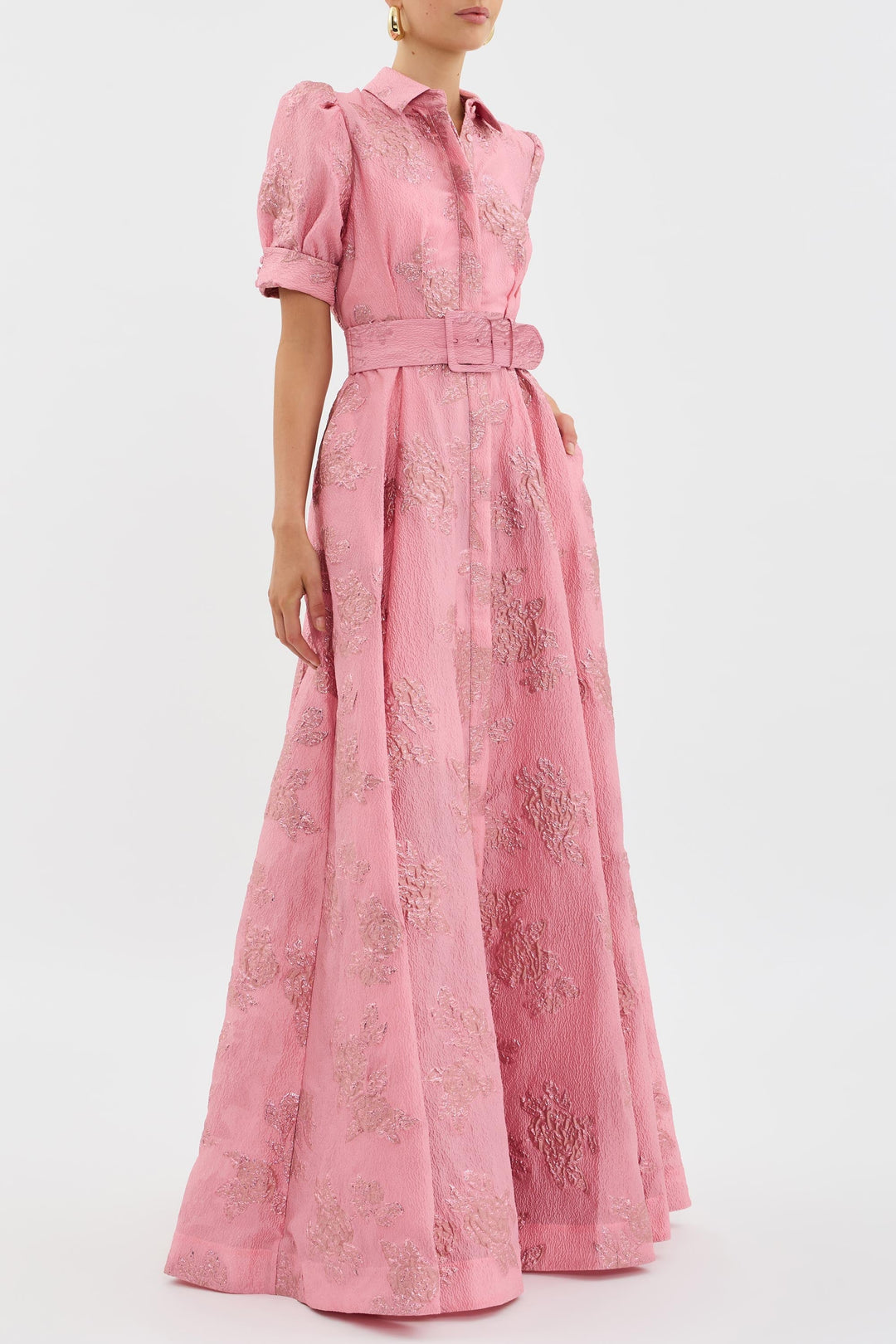 Stylish women's pink maxi dress with elegant puff sleeves & belted waist, perfect formal party or wedding guest attire.