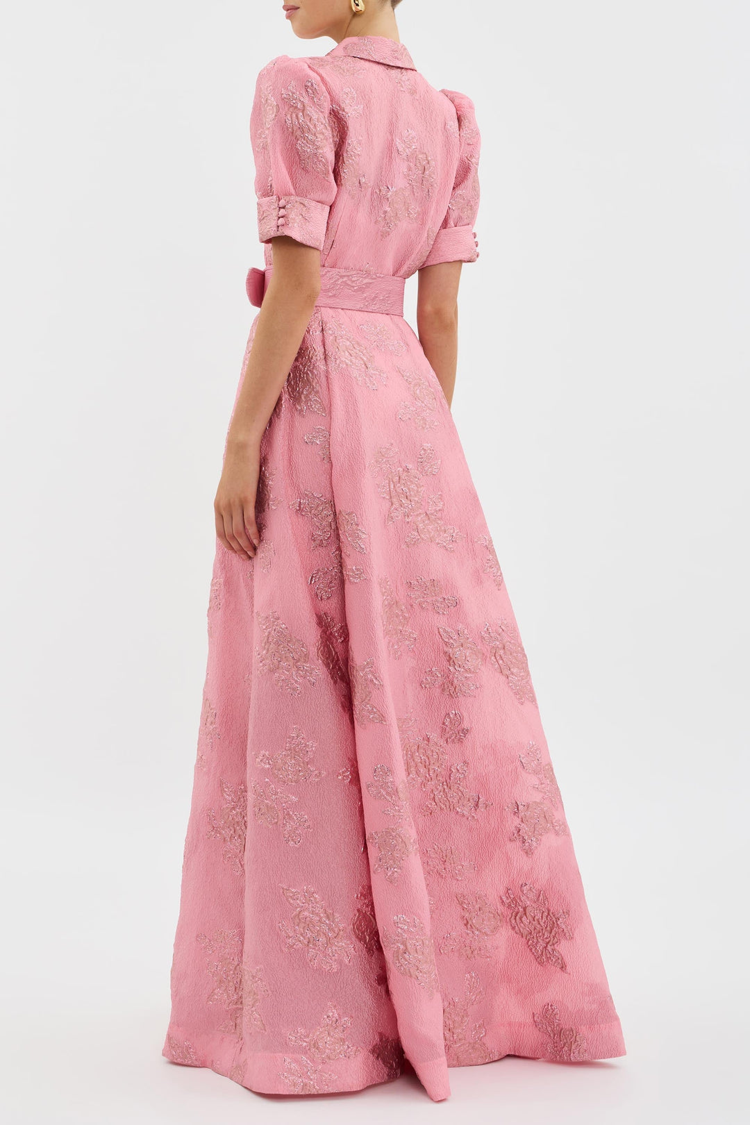 Formal pink maxi dress for women, an elegant A-line gown with subtle puff sleeves, ideal for special events.