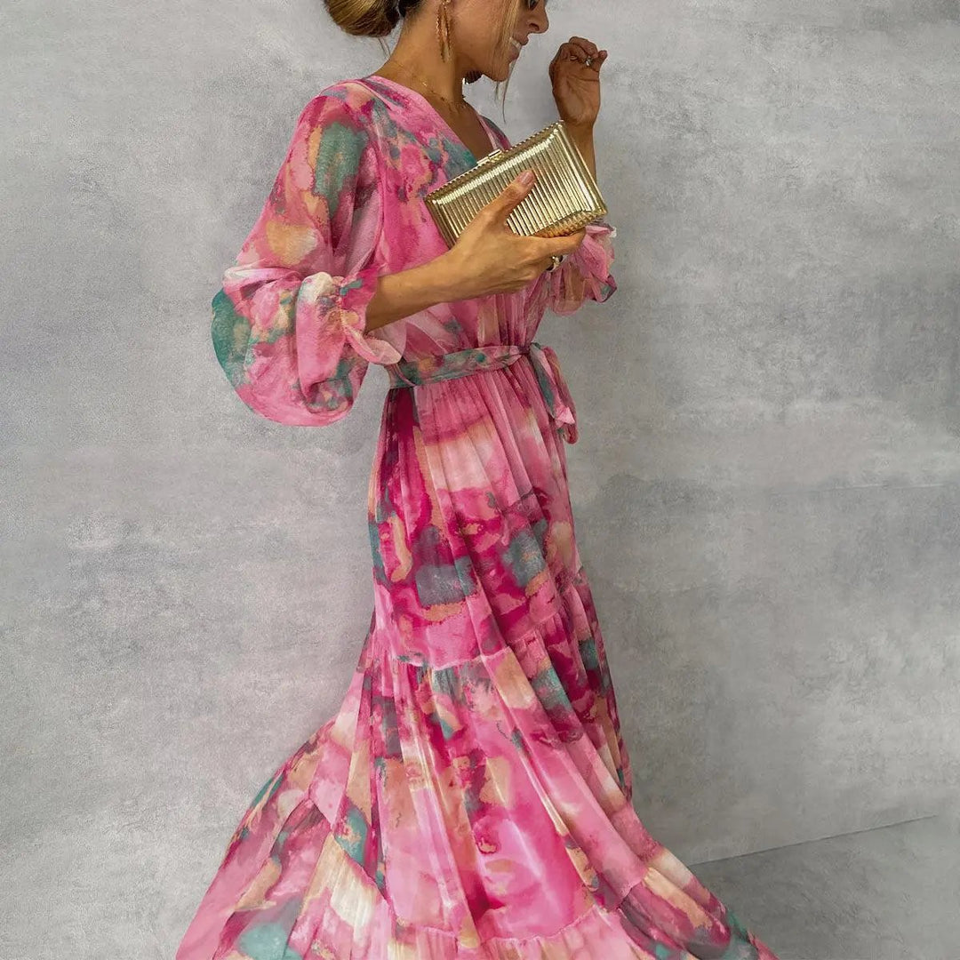 Elegant pink V-neck belted wrap midi dress for women, perfect for sophisticated spring fashion & casual wear.