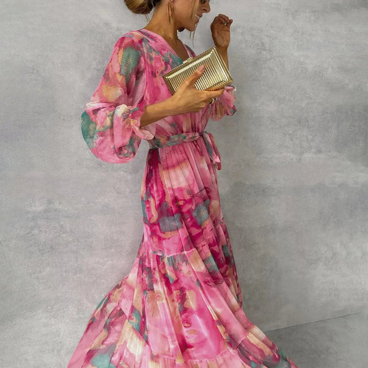 Elegant pink V-neck belted wrap midi dress for women, perfect for sophisticated spring fashion & casual wear.