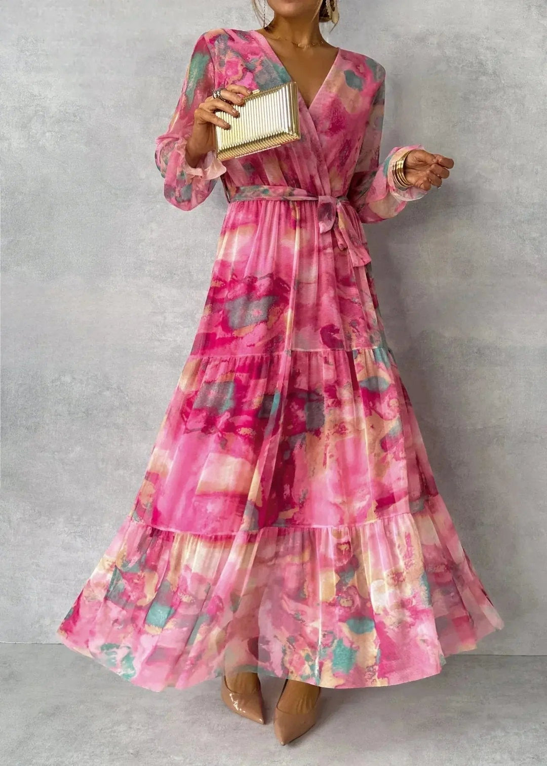 Women's long sleeve V-neck wrap midi dress with belt, a stylish party dress or elegant choice.