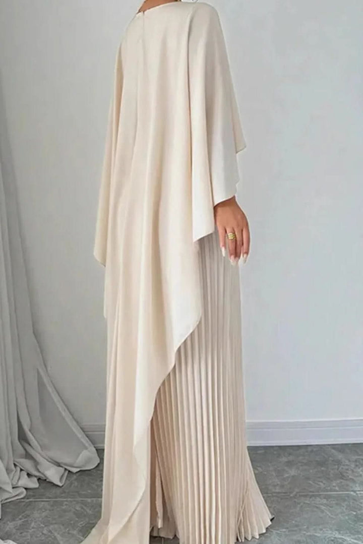 Glamorous women's long cape maxi dress with elegant pleats, ideal as an evening gown or formal wear.