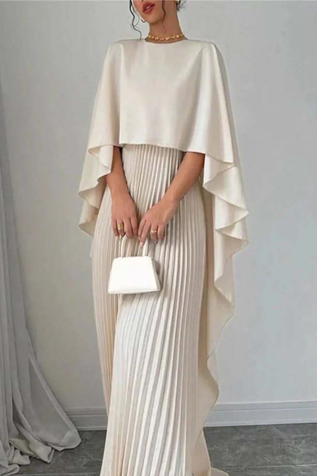 Women's formal pleated maxi dress with a sophisticated cape, suitable for special occasions & glamour.