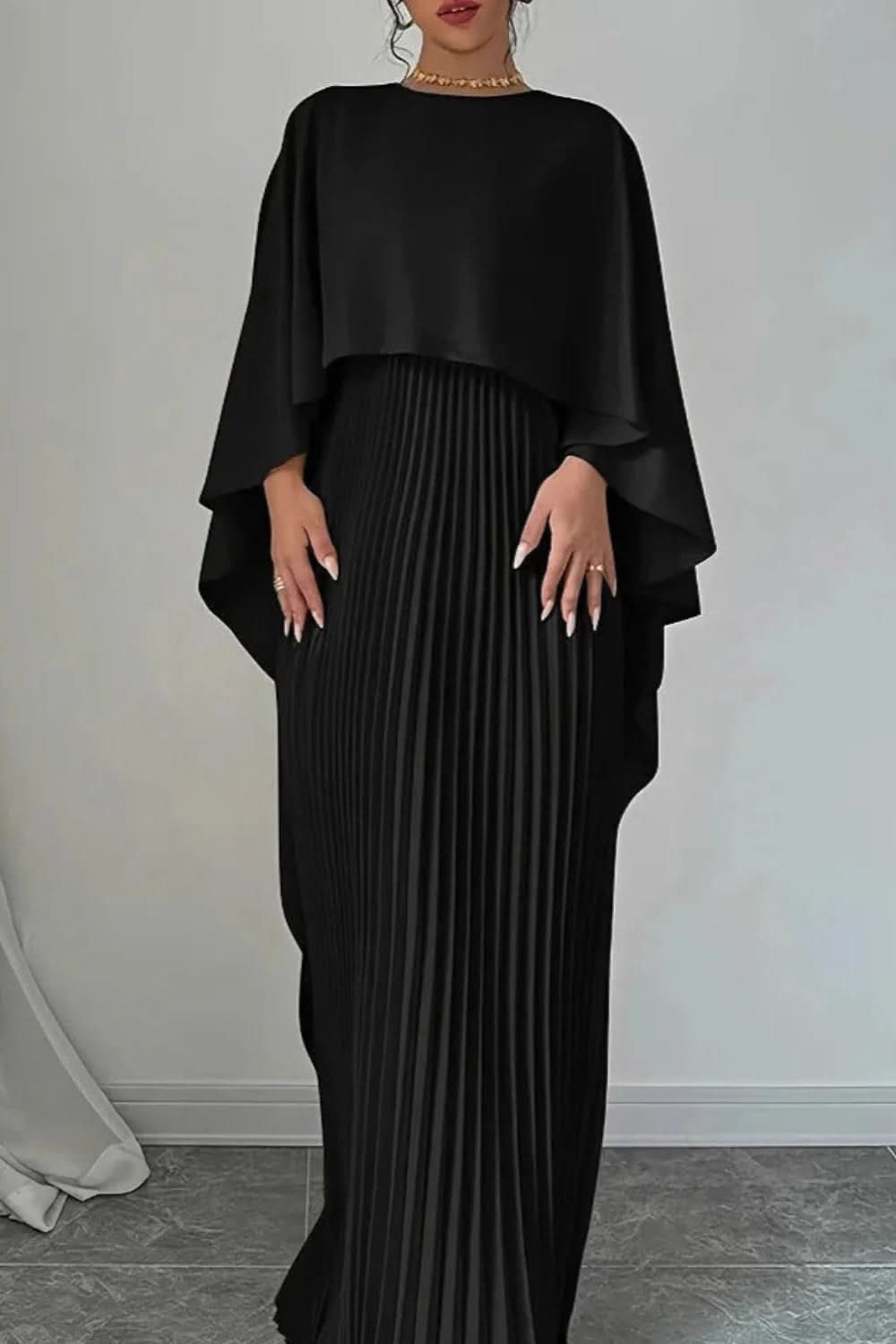 Stunning women's elegant cape maxi dress, a pleated evening gown perfect for formal wear or parties.