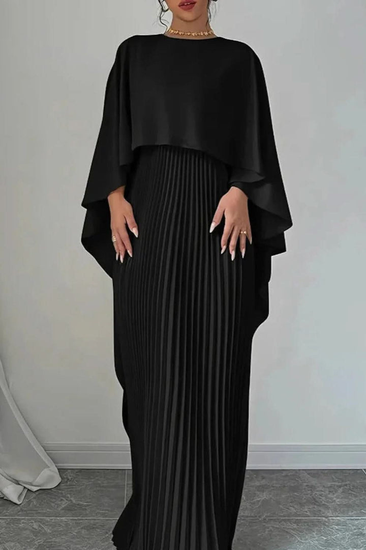 Stunning women's elegant cape maxi dress, a pleated evening gown perfect for formal wear or parties.