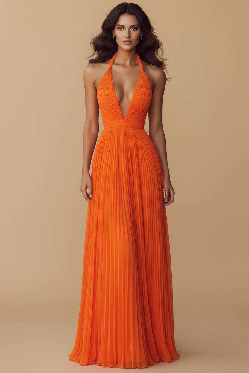 Elegant pleated halter maxi dress for women, featuring a deep V-neck, perfect for evening parties or wedding guests.